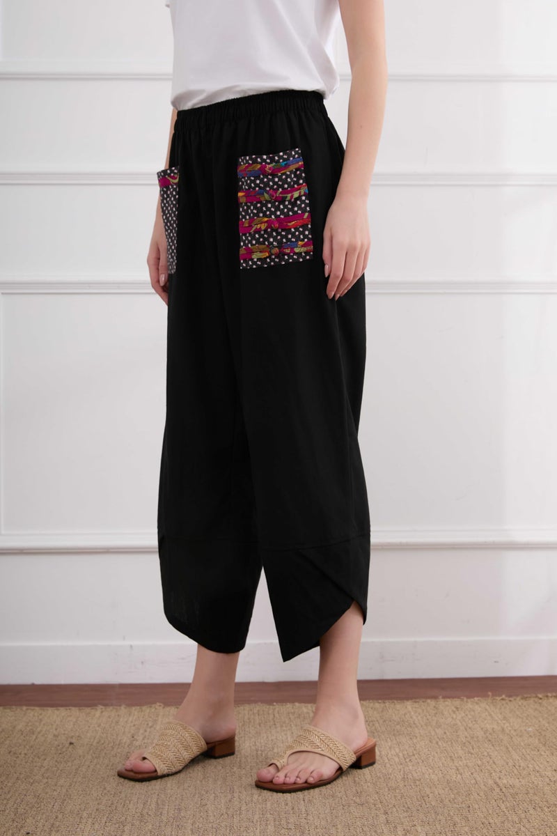 Minibee Women's Baggy Linen Wide Leg Trousers Casual Patchwork Elastic Waist Harem Pants Black 2XL - Image 2